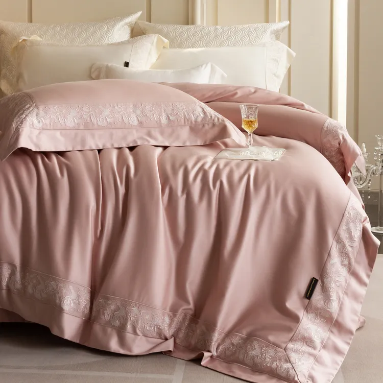 高奢100支超细旦天丝棉磨毛四件套宽边刺绣被套柔软裸睡床上用品