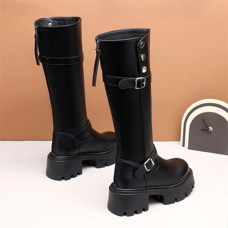 英伦风时装靴平口5cm厚底长筒靴女鞋长筒厚底中筒秋冬女靴骑士