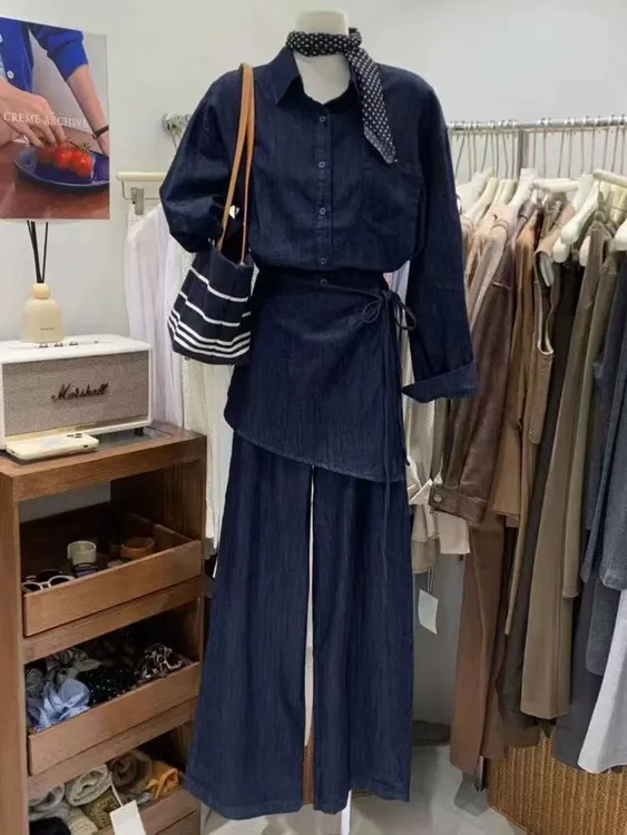 2025春季新款韩版高级小众翻领长袖衬衫别致腰封阔腿裤牛仔套装