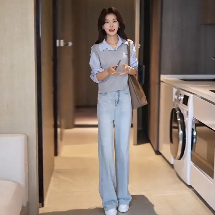 2025超火秋装一整套时髦假两件长袖衬衫搭配直筒显瘦牛仔裤两件套