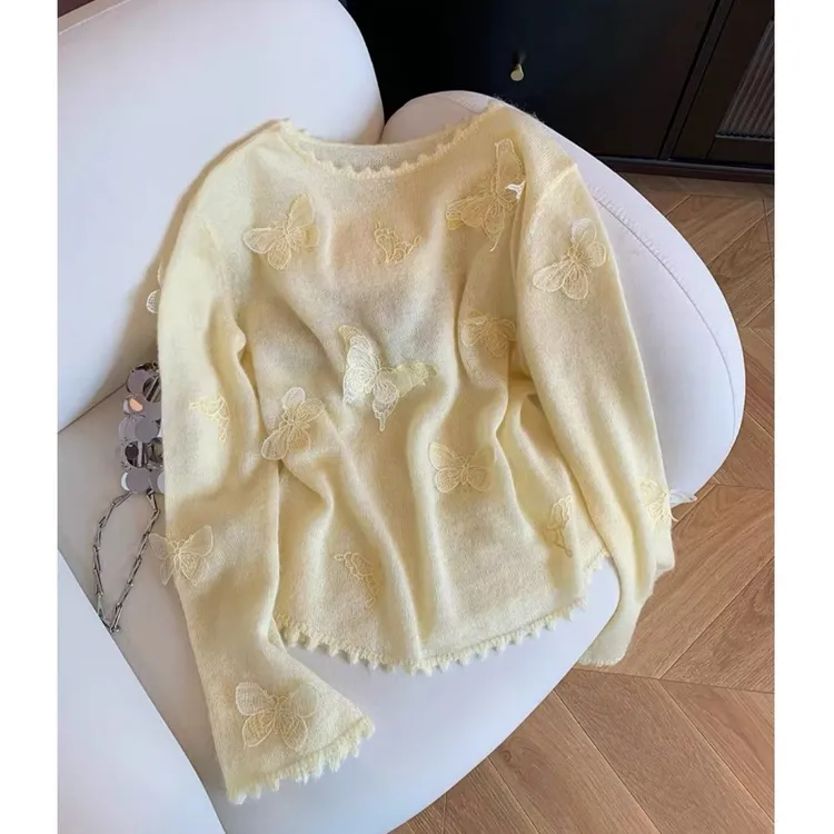法式甜美立体蝴蝶刺绣针织衫女装秋季新款软糯百搭毛衣打底衫上衣