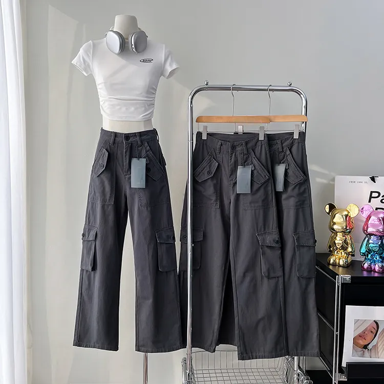 花乐集高个子显瘦拖地裤春秋灰色高街辣妹薄款高腰直筒休闲牛仔裤