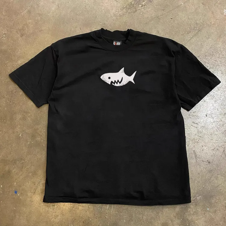 重磅纯棉美式潮牌鲨鱼印花上衣黑色T恤ins宽松男女休闲圆领短袖