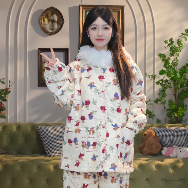 冬季三层加厚夹棉连帽睡衣女士卡通家居服中长款胖mm棉袄两件套装