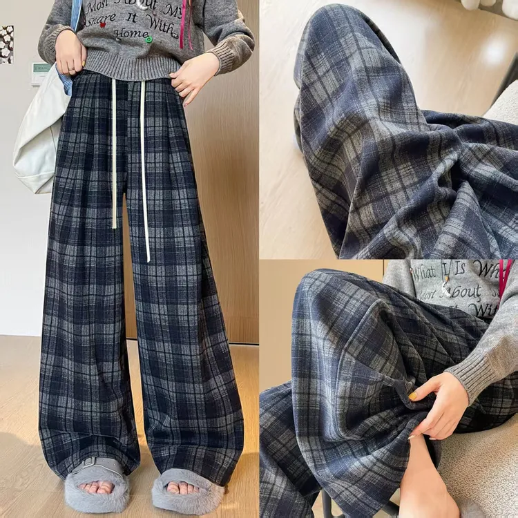 藏青色格子裤女春秋季2025新款高腰宽松休闲裤显瘦小个子外穿裤子