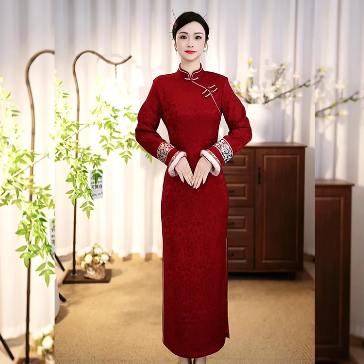 [GU709]新款高端提花复古长袖中国风加绒加厚冬款旗袍喜妈妈