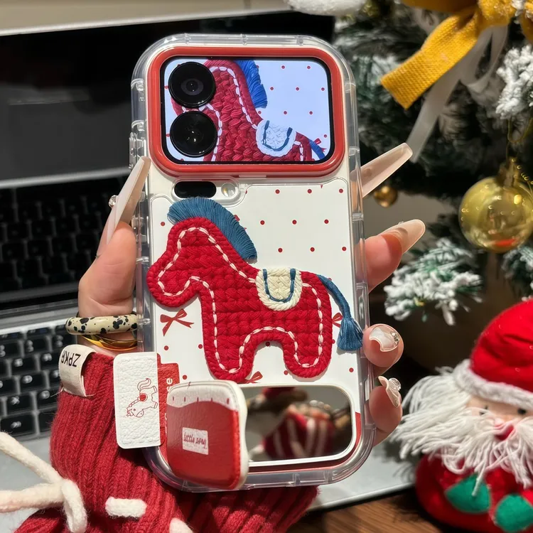 新年刺绣小马支架适用苹果17/16promax手机壳14华为vivoppo小米15