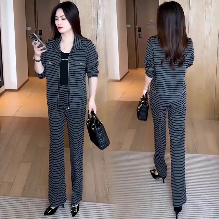时尚休闲套装女2025秋季新款洋气显瘦条纹开衫外套阔腿裤两件套潮