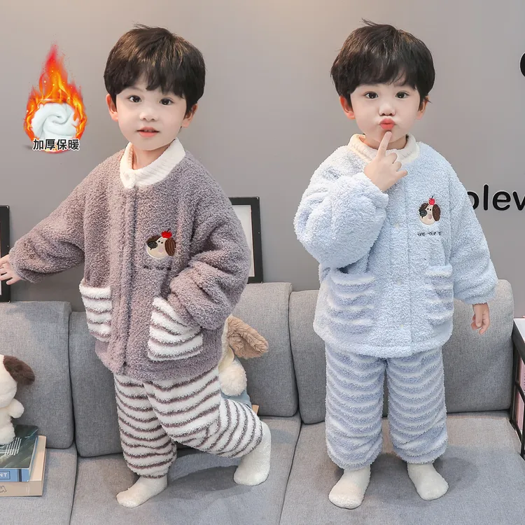 男童睡衣半边绒双层加绒男孩宝宝冬款加厚儿童珊瑚绒卡通家居服