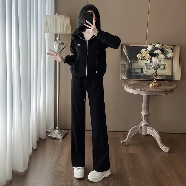 3793秋季休闲百搭运动套装黑色减龄显瘦连帽女装两件套时尚宽松