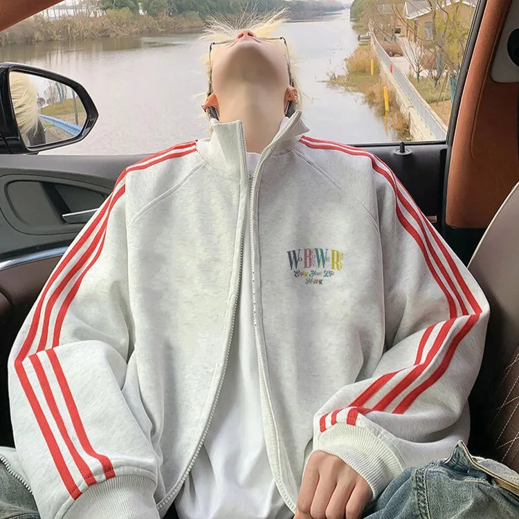 美式潮流字母印花三条杠开衫拉链卫衣休闲百搭秋冬季立领情侣外套
