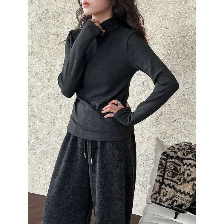 韩系半高领内里磨毛保暖打底衫女秋冬微弹修身百搭上衣内搭长袖