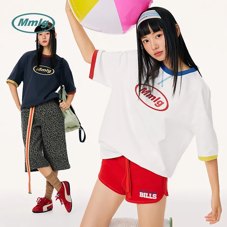 Mmlg2025夏季新款基础撞色短袖t恤多巴胺纯棉半袖男女同款FQT075