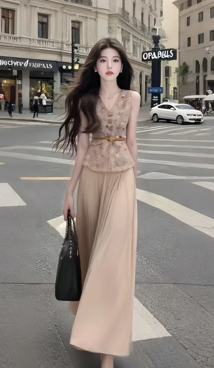 新款时尚轻熟知性风杏色V领无袖不规则上衣+百搭宽松设计感长裤女