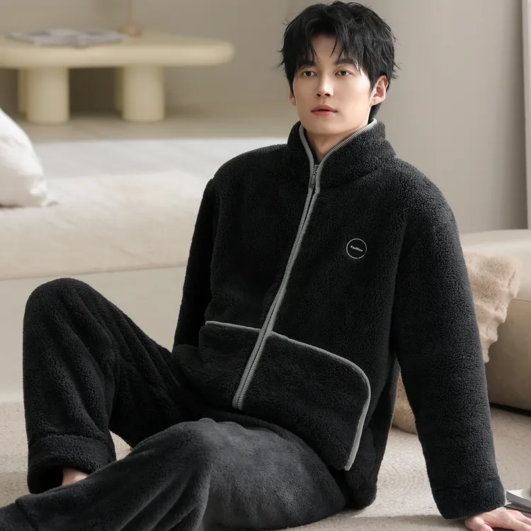 新款加绒加厚保暖家居服冬季拉链男士睡衣双面珊瑚大码可外穿套装