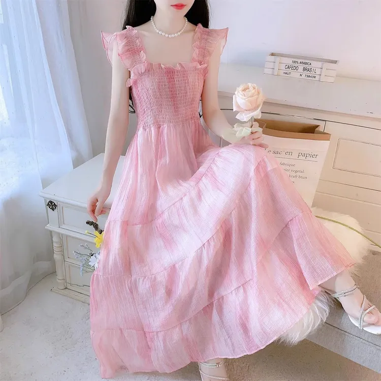 1/4寸套筒扳手袖碎花洋装女夏2025新款高级感收腰显瘦法式减龄吊