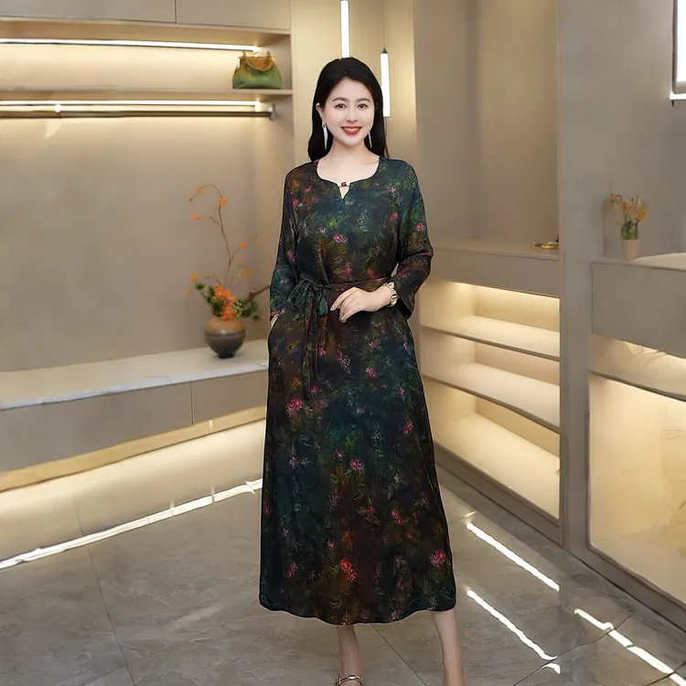海棠新中式新款百搭不褪色老料花萝提花连衣裙女中长款休闲女装