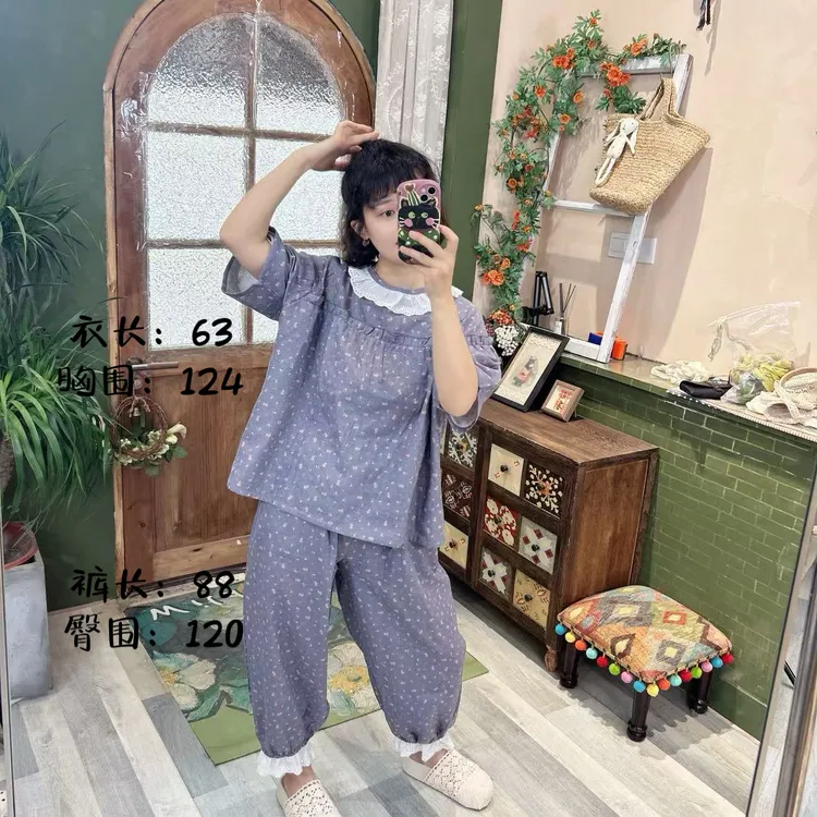 花小花自制印花娃娃领棉纱家居服套装