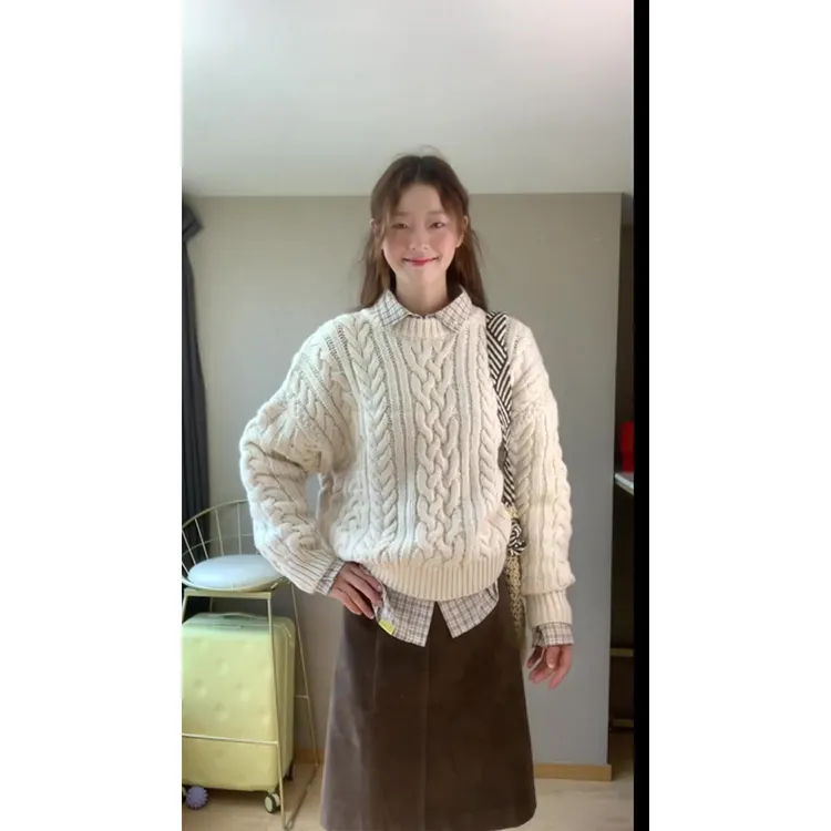 MARIE.COCO秋冬款韩系温柔风慵懒麻花针织衫格纹衬衫气质半身裙