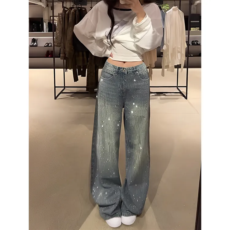 【破价+运费险】复古重工烫钻牛仔裤女秋冬设计感宽松直筒阔腿裤子