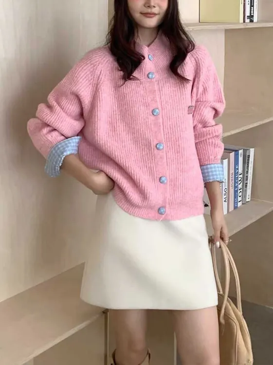 韩系复古灰色翻领长袖针织开衫女秋冬季慵懒风宽松显瘦毛衣外套
