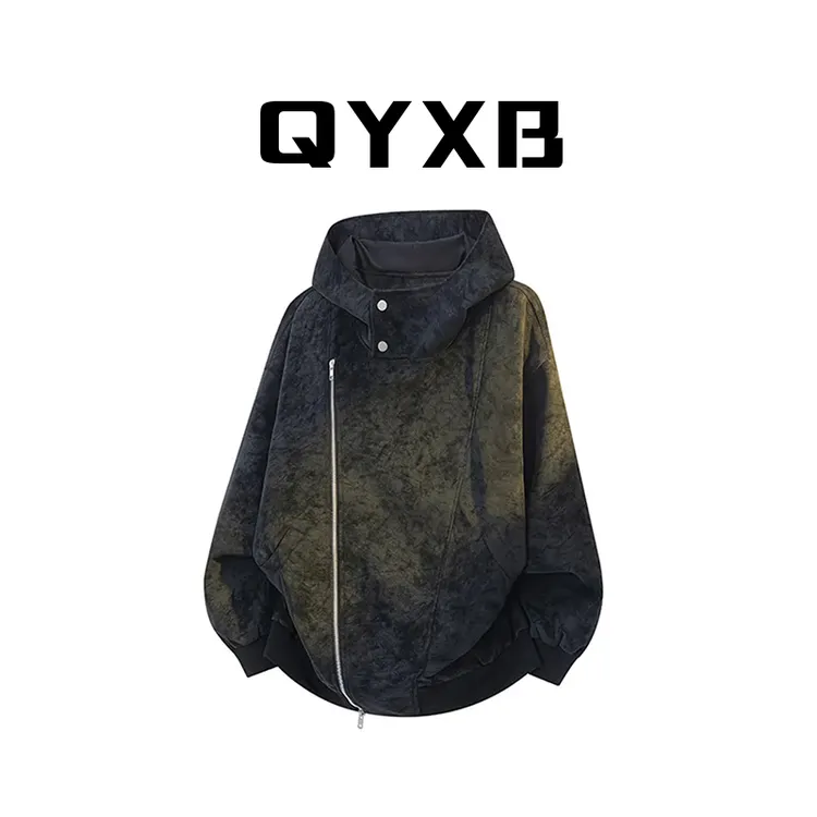 【品牌正品现货】QYXB不规则设计男款皮衣夹克秋季新款拉链连帽外套