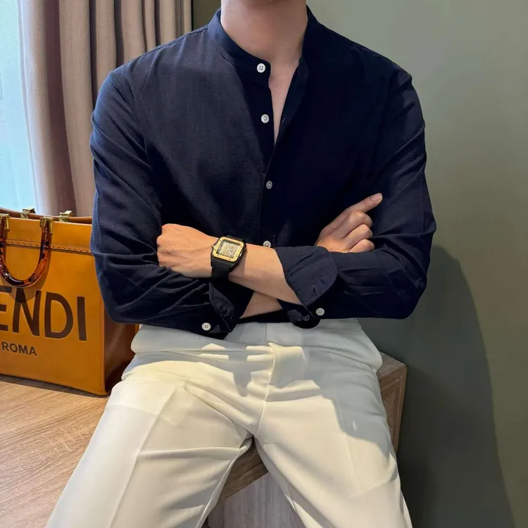 WUSHE物社【莱赛尔】老钱风休闲松弛男士衬衣中式立领长袖亚麻衬衫