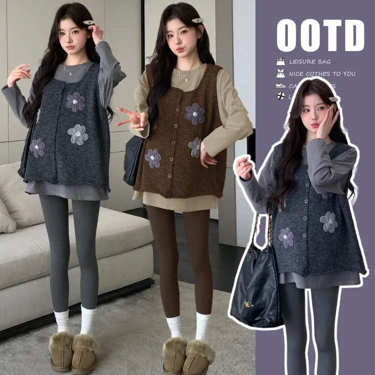 孕妇装秋冬套装新款时尚韩版花朵毛衣马甲宽松T恤上衣显瘦打底裤1
