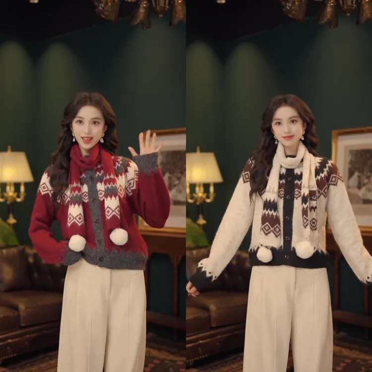 【带围巾】琦琦【蔷薇之夜】秋冬百搭长款保暖毛衣开衫YO6347442