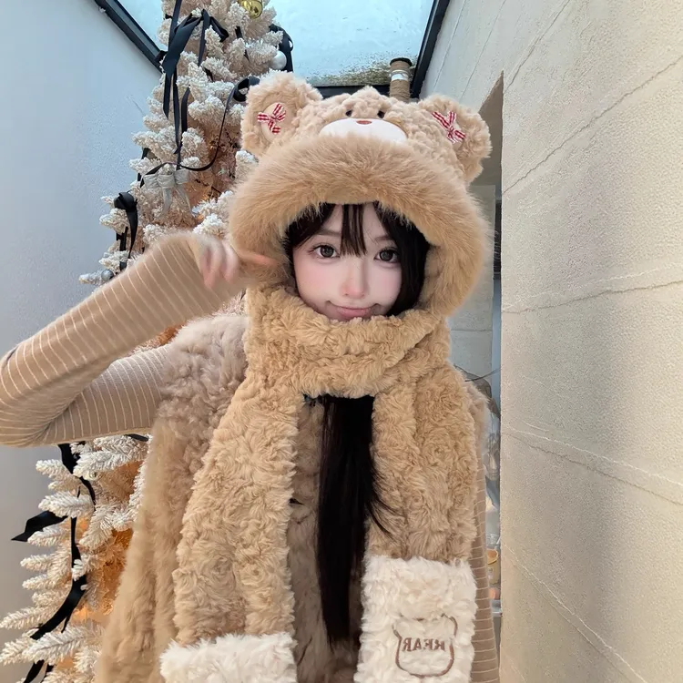 可爱小熊耳朵蝴蝶结毛绒帽子围巾手套一体女秋冬季防寒保暖三件套
