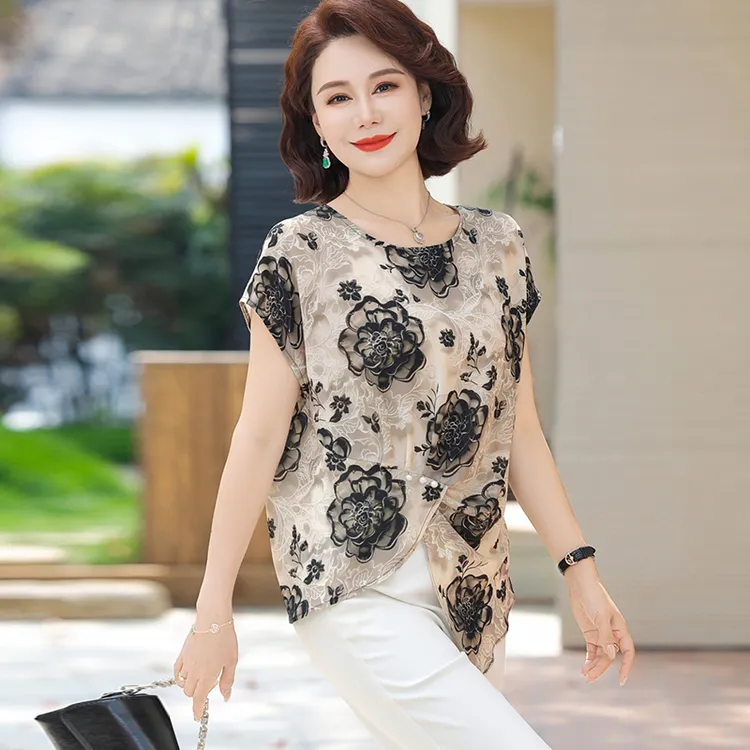妈妈夏装2025新款洋气上衣时尚套装中老年女装40岁50短袖T恤小衫