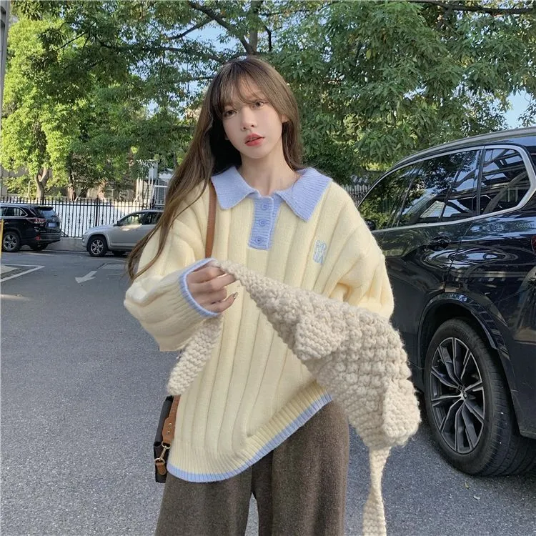 韩版软糯慵懒风polo领甜美百搭可爱风冬针织衫设计感宽松上衣女潮