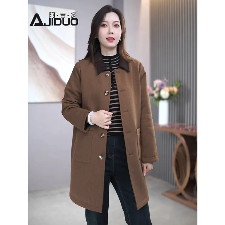 气质翻领中长款大衣外套女秋冬2025新款中年妈妈装棉服毛呢外套