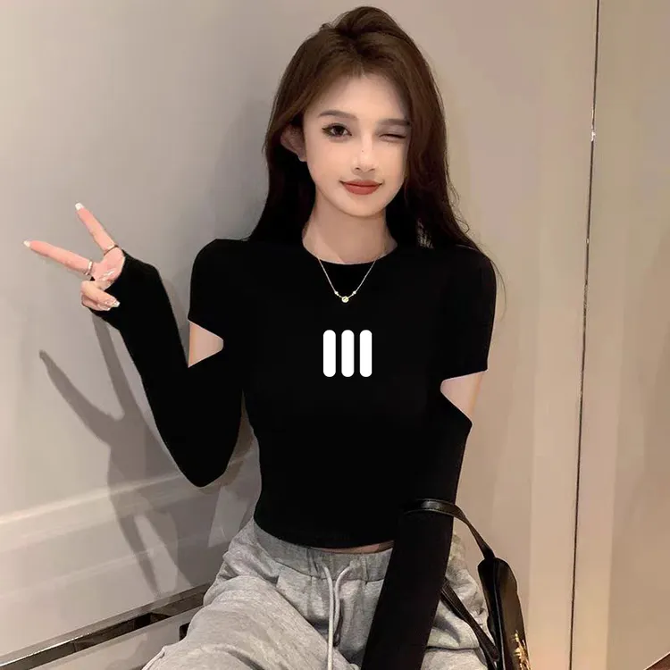 长袖t恤黑色打底衫圆领修身设计感破袖春秋螺纹女内搭短款上衣潮