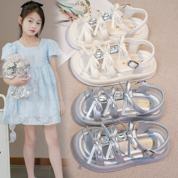 女童凉鞋2025夏季新款时尚小女孩蝴蝶结中大童软底露趾儿童沙滩鞋