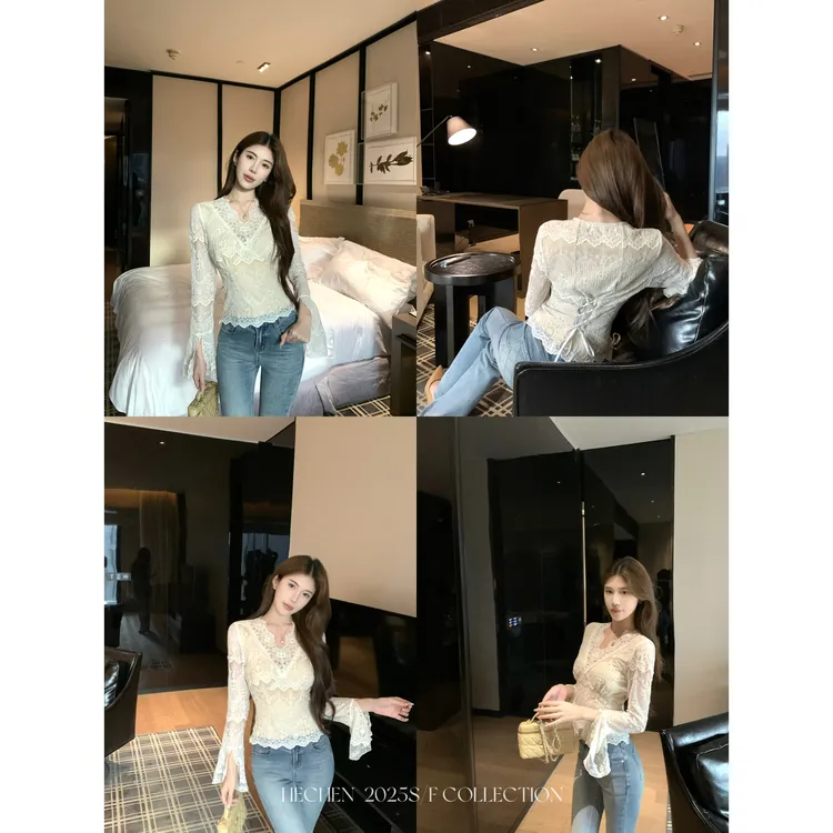 【禾呈】衬衫女秋季微透蕾丝时尚小众修身显瘦长袖蕾丝上衣女50500