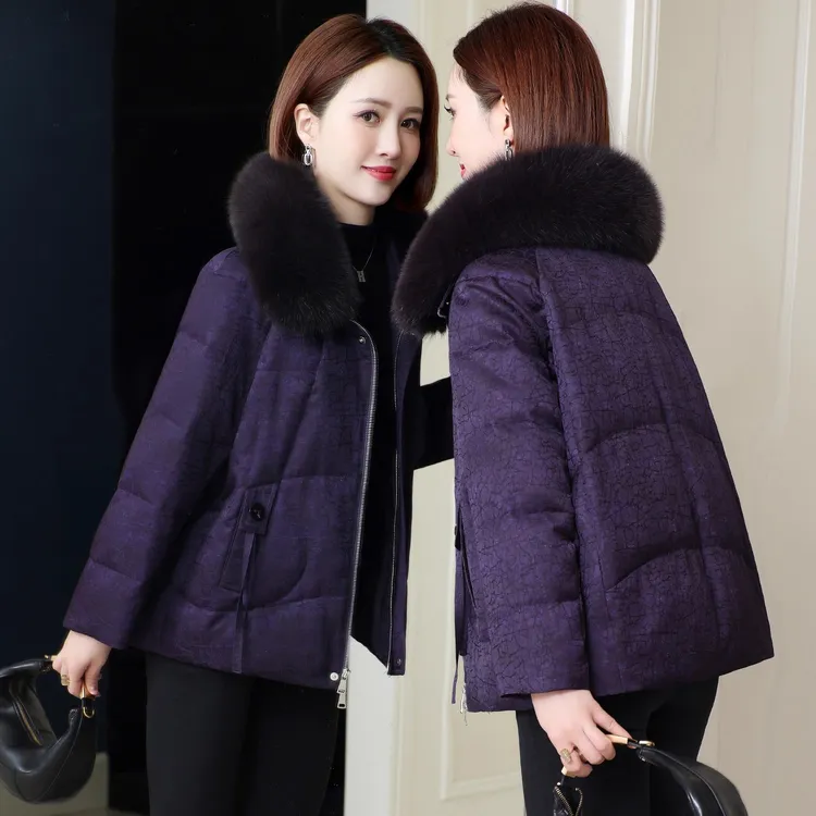 鹅绒羽绒服女妈妈冬短款2025新款洋气鹅绒服狐狸毛领皮草外套正品