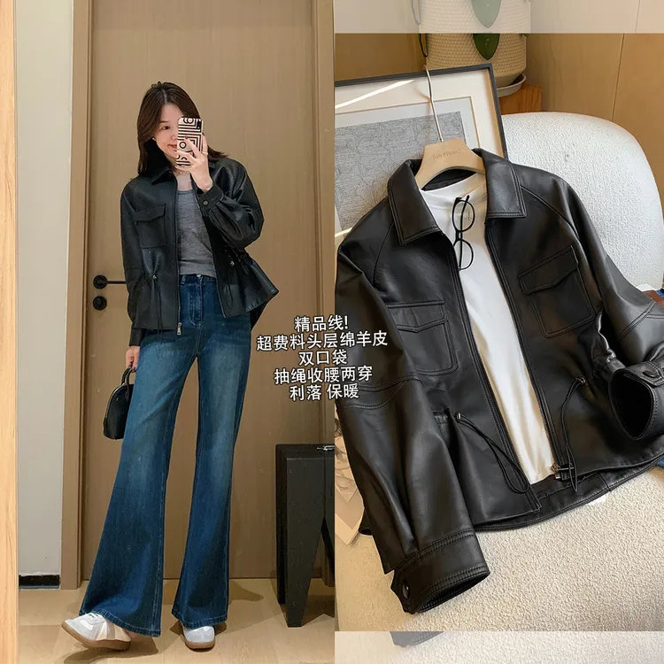 大叮自制【专属精品线】超费料头层绵羊皮皮衣抽绳收腰外套！S6350