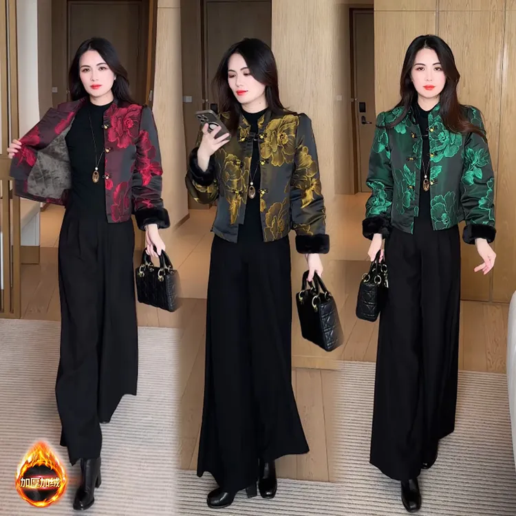 2025秋冬新款新中式穿搭时尚气质洋气国风提花夹棉加绒短外套113