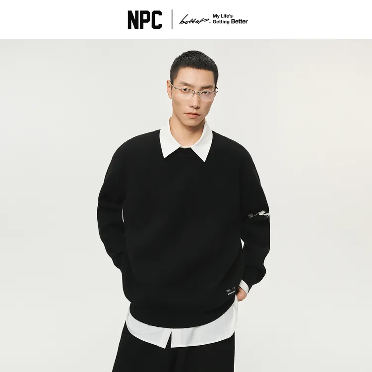 NPC潮牌复古袖子撞色千鸟格空气层针织毛衣3层空气层圆领NP5ASW03