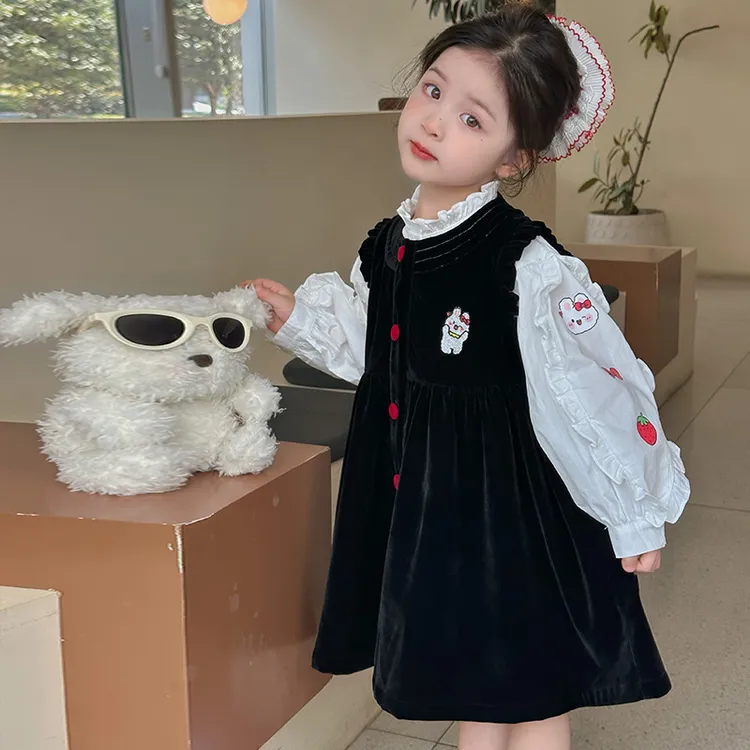 儿童长袖裙秋冬季秋季女碎花A字裙条纹连衣裙长袖小童假两件女童
