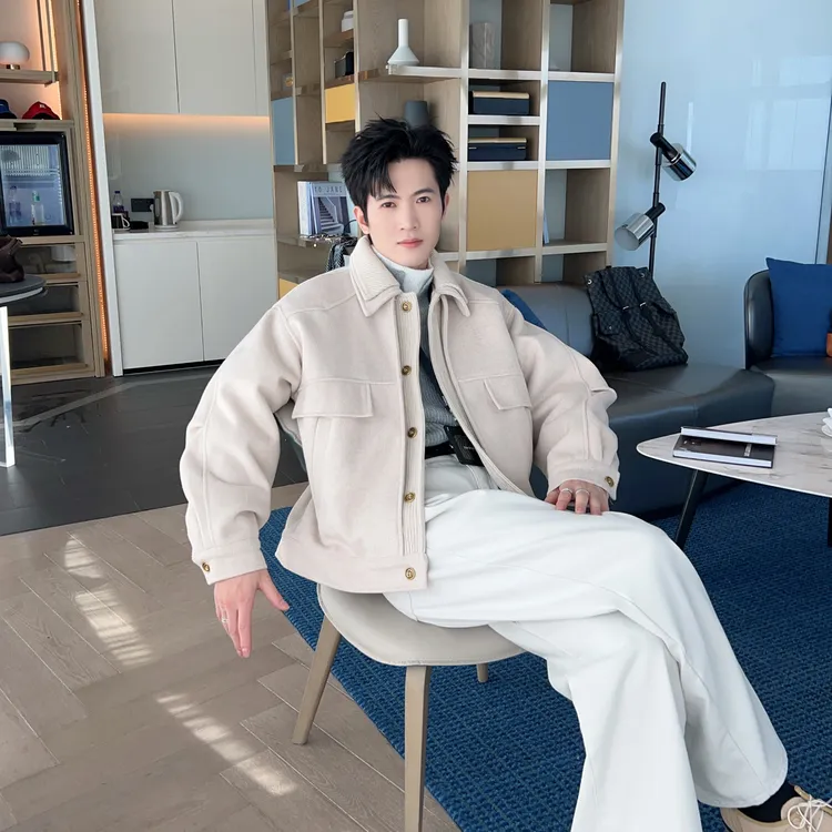 冬季夹棉加厚羊毛毛呢假两件棉衣夹克男款cleanfit双层领呢子外套