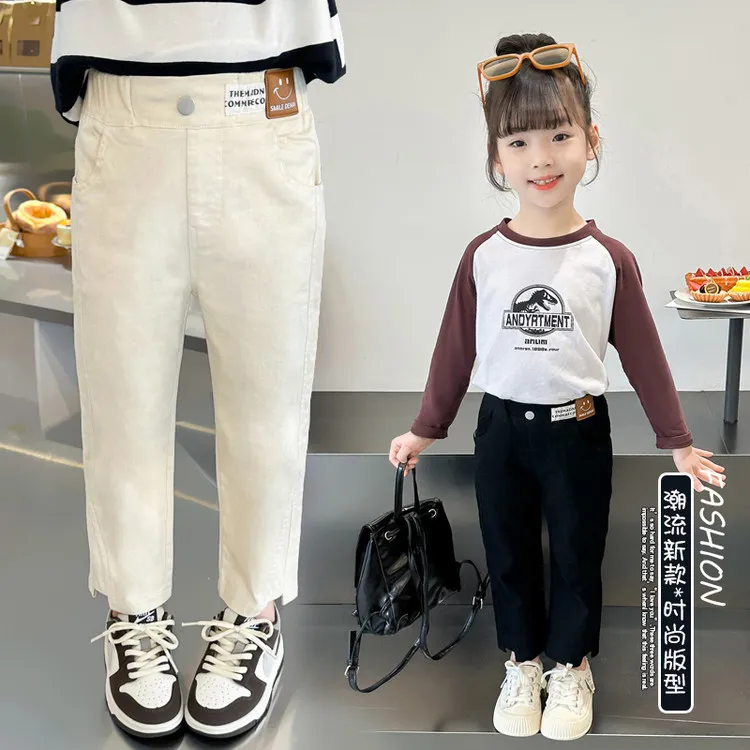 现货女童春季新款韩版直筒裤宝宝弹力修身小脚裤烟管裤九分裤时髦