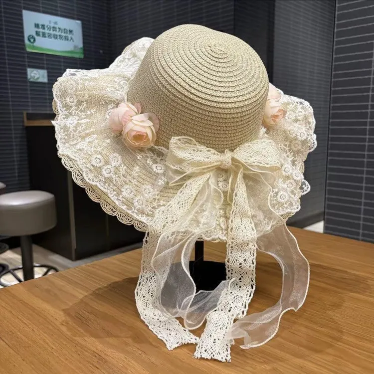 夏季遮阳田园甜美洛丽塔郁金香草帽蕾丝蝴蝶结飘带海边沙滩帽子