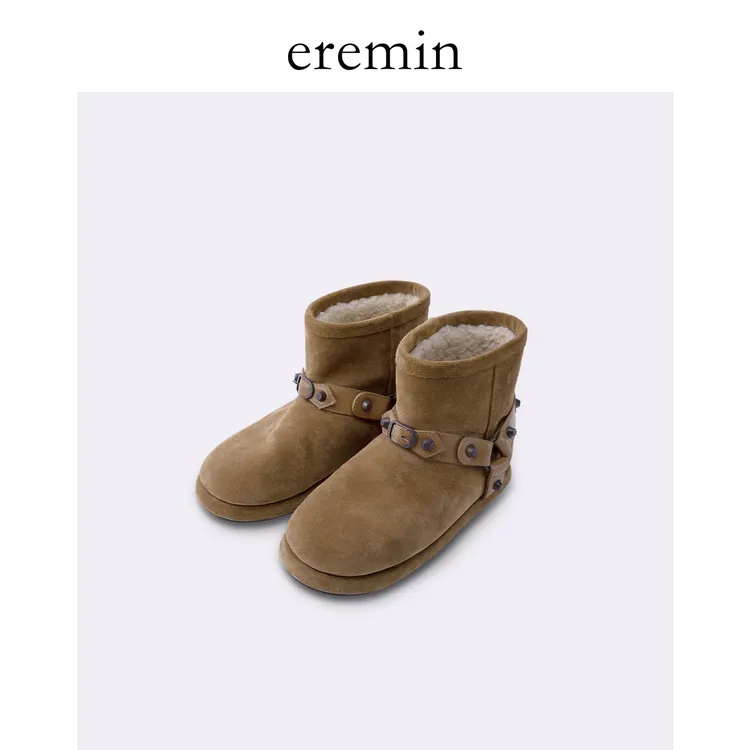 Min 复古牛反绒铆钉装饰冬季加绒保暖雪地靴