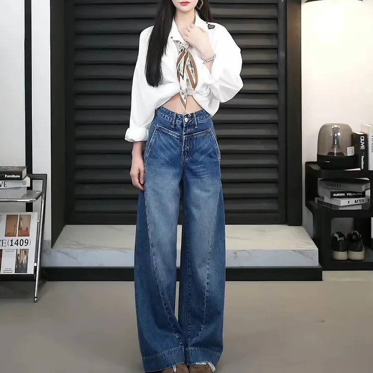 2025休闲经典蓝色初秋牛仔设计感高腰阔腿拖地女裤高级女士潮流