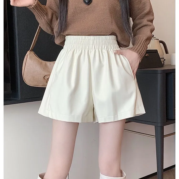 pu皮短裤韩版时尚皮裤秋冬新款松紧腰阔腿靴裤胖m遮肉显瘦修身a字