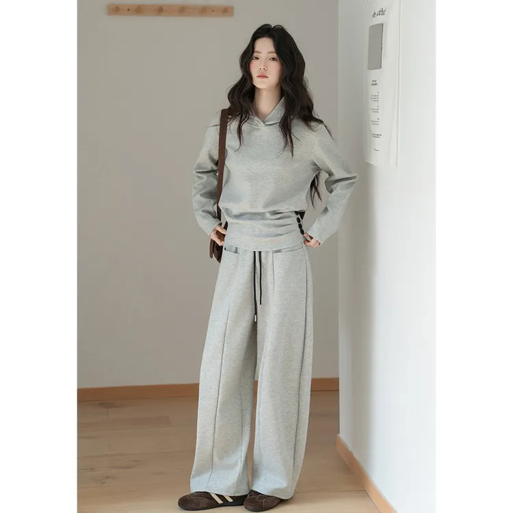 设计感收腰连帽长袖卫衣套装女秋冬韩系高级感修身上衣长裤两件套