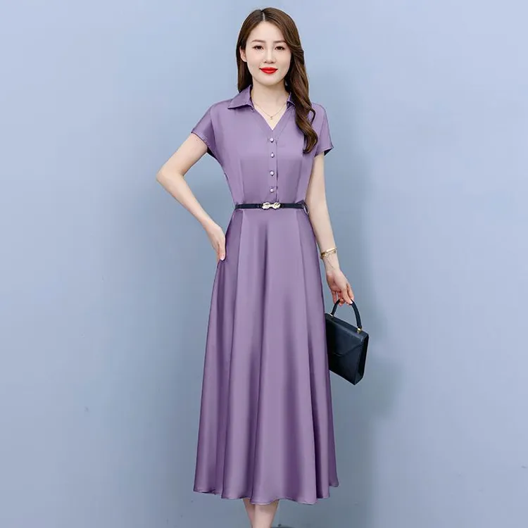 醋酸缎面短袖妈妈连衣裙气质显瘦2025夏季洋气遮肚色中长款裙子