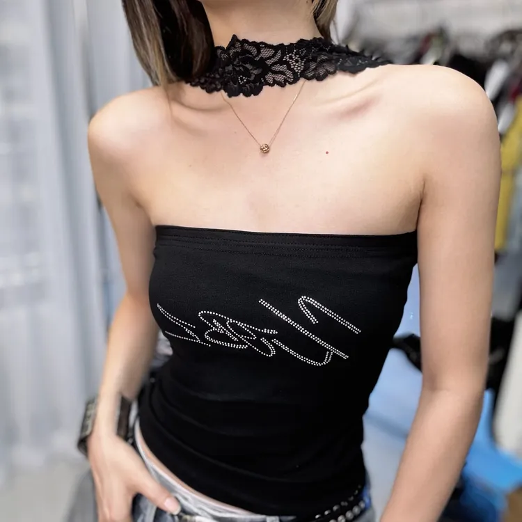 正反两穿辣妹字母烫钻蕾丝挂脖背心女爵士女团修身显瘦抹胸088
